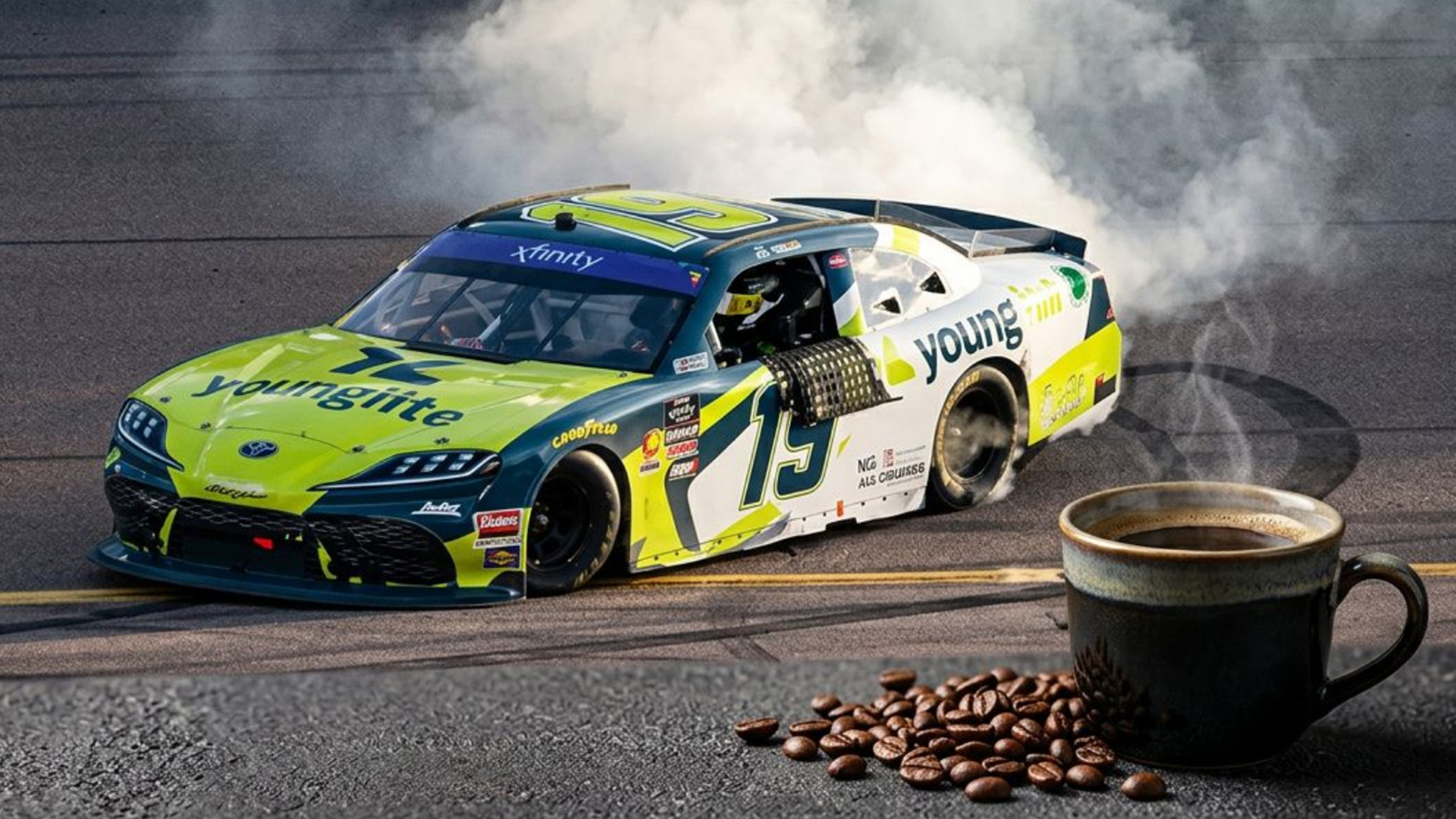 JD Gibbs Young Life racing car and cup of coffee