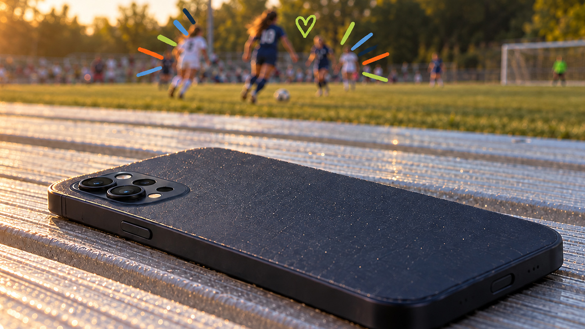 youth soccer game in the background with a phone face down in the foreground