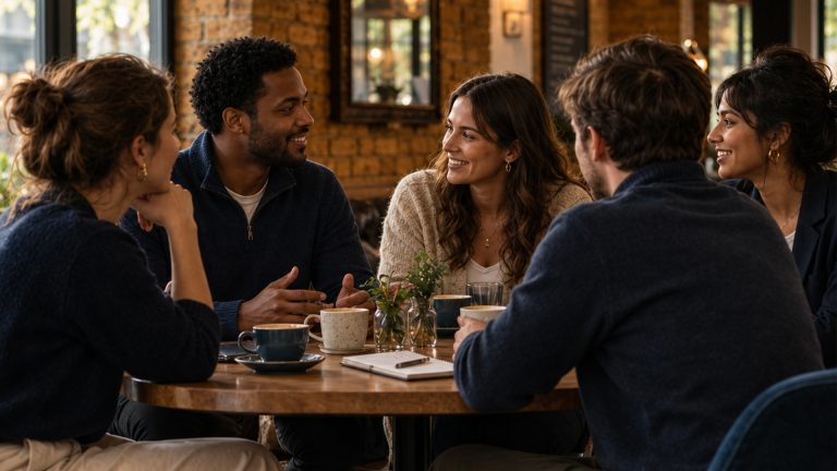 group of young professionals siting around a table in a coffee shop