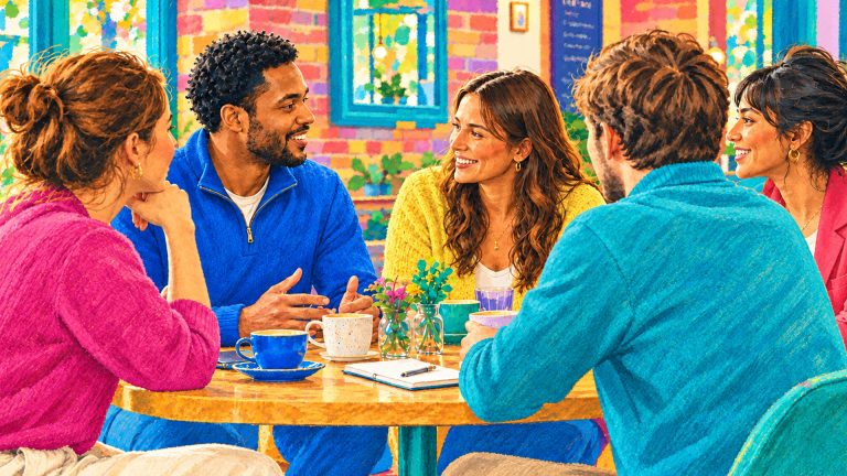 illustrated drawing of young professionals around a table in a coffee shop